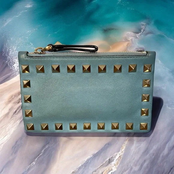 Valentino Garavani Blue Rockstud Calfskin Card Holder With Zipper (A173) - Picture 3 of 10